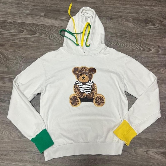 A.W.BRAND Milano Teddy Bear Hoodie‎ Color Block Drawstring White Size S - Picture 1 of 8
